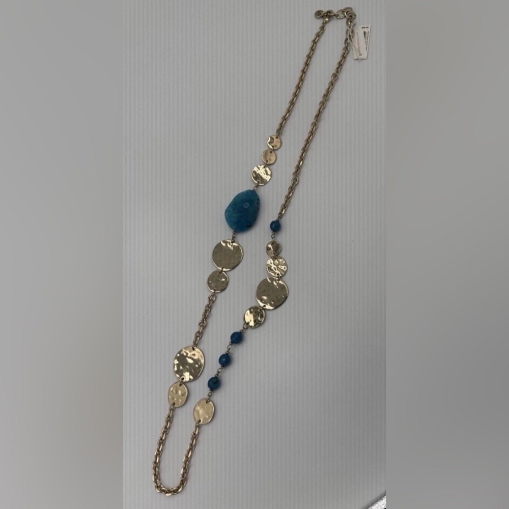 NWT Gold Tone Necklace 40" Turquoise Stone Hammered Discs Boho Chic Adjustable - Picture 5 of 8